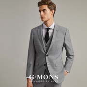 纯羊毛西服套装男士浅灰色商务，正装半麻衬新郎结婚礼服西装修身