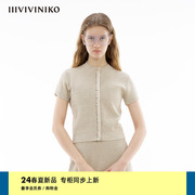 iiiviviniko2024春季复古宽松圆领短袖针织开衫，女m413709619c