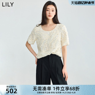 lily2024夏女装(夏女装)气质，设计感镂空浪漫花卉通勤款短袖雪纺衫上衣