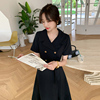 黑色连衣裙女2023夏高级感小个子黑裙气质正式场合雪纺短袖西装裙