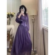 夏季女装高端气质名媛女神范高级(范，高级)感别致绝美紫色收腰长袖连衣裙子