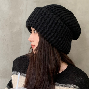 冬天帽子女秋冬季毛线帽大头围，黑色冷帽保暖护耳月子粗针织堆堆帽