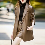 2023秋季 秋装年时尚套装气质时髦女士PU黑色长袖宽松型皮衣