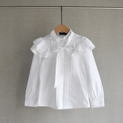 高端~21年春装童装，女童纯棉梭织，白色蝴蝶结飞袖衬衣衬衫上衣