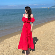适合拍照衣服超仙海边度假连衣裙高级感红色一字肩三亚吊带沙滩裙