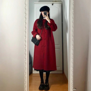 高级感红色呢子大衣，2023秋冬装韩系赫本风小个子，毛呢外套女中长款