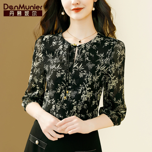 丹慕妮尔黑色新中式碎花衬衫，女2024夏季气质七分袖中国风上衣