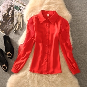 本命年红色衬衫女秋装法式洋气荷叶边长袖上衣宽松显瘦衬衣服