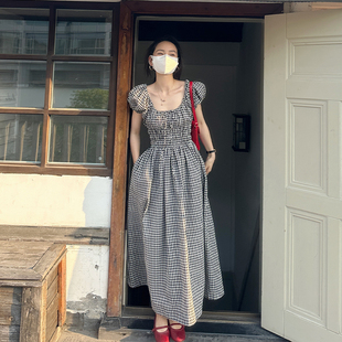 金苏一格子收腰连衣裙女2024夏季韩版小众肌理，感气质长裙chic裙子