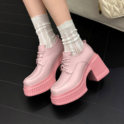 粉色高跟鞋女真皮2024年春小个子增高小白鞋系带松糕英伦风格单鞋