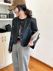 韩版小众黑色圆领pu皮衣短外套，女2023秋季金属，单排扣洋气夹克