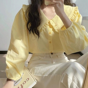 上衣长袖女小众法式奶，黄色衬衣设计感春秋复古娃娃领chic奶甜衬衫