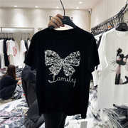单品DANPIN 2024夏季韩版设计重工串珠蝴蝶刺绣常规短袖T恤女