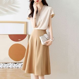 时尚韩版修身显瘦v领短袖雪纺，衫上衣半身，裙子两件套装夏季女