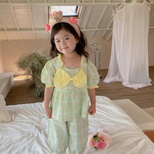 女童夏款家居服2022韩版格子睡衣套装，女孩纯棉蝴蝶结短袖居家