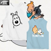 卡通动漫丁丁历险记Tintin纯棉背心男士学生无袖t恤衫夏凉快衣服