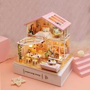 diy小屋 手工创意粉色公主阁楼别墅模型蜜语制作拼装房子生日礼物