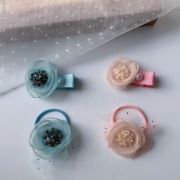 c6005欧根纱花朵串珠，鸭嘴夹发绳套装，韩国可爱甜美网纱珍珠花朵