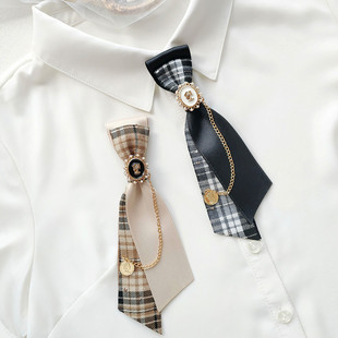 韩版格子英伦风链条小领带，女设计感jk免打衬衫装饰别针小领结头花