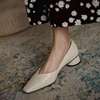 v口低粗跟小方头奶奶，鞋女圆跟软皮，软底舒适百搭米白色单鞋3cm女鞋
