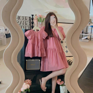 韩版时尚公主裙夏款亲子装洋气，母女短袖宽松连衣裙特别的礼服裙子