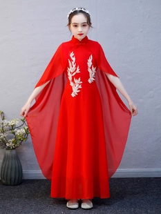 红色礼服女童舞蹈服飘逸汉服，女中国风儿童大合唱演出服中小学生