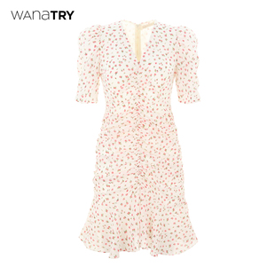 wanatry蔷薇粉显瘦五分袖，连衣裙甜美碎花，裙子夏季茶歇法式长裙