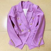 欧美2024丁香紫色珠地夹克女狮子，扣双排扣职业西装ol通勤外套