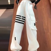 白色条杠撞色卫裤女2024年秋季韩版设计感高腰，宽松显瘦哈伦裤