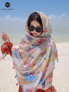 高档纱巾女士秋季防晒三亚海边拍照披肩围巾，两用薄款超大丝巾外搭