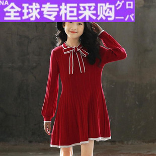 欧洲女童连衣裙长袖秋冬儿童洋气，红色毛衣裙(毛，衣裙)中大童大码胖