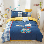 全棉床单被套儿童卡通四件套1.5床笠小男孩纯棉被罩蓝色1.2米刺绣
