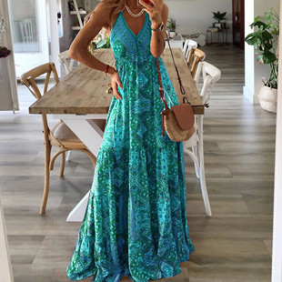 boho print V-neck maxi dress 休闲度假波西米亚印花V领吊带长裙