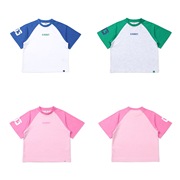100-150码出口韩夏款男女童中大童三色圆领字母拼接袖百搭短袖T恤
