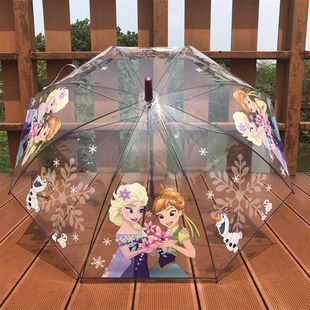 爱莎透明儿童雨伞长柄，自动安全女童幼儿园，卡通学生宝宝遮阳公主伞