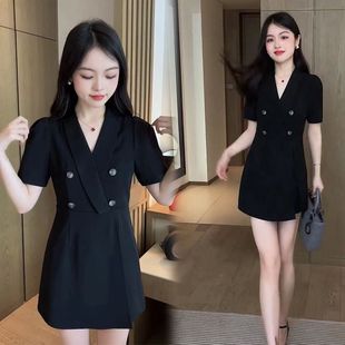 2024夏季韩版洋气时尚西装领连衣裙套装女高腰短裤纯色两件套