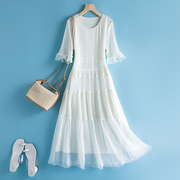 白色真丝连衣裙女长款2022夏高端桑蚕丝气质长裙洋气刺绣裙子