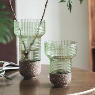 石苔敞口玻璃花瓶水培插花高款绿色创意复古直筒花器餐桌装饰摆件