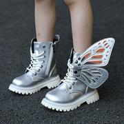 2021韩版儿童马丁靴银色，女童靴子时尚翅膀，靴男童短靴学生表演单靴
