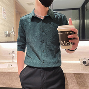 墨绿色七分袖衬衫男夏季简约纯色花泡衬衣时尚青年修身短袖上衣