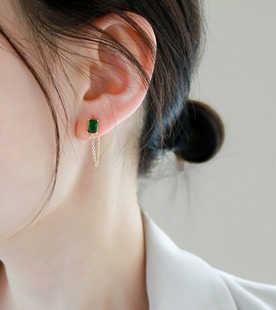 TLZ超小方形绿色水晶玫红宝石耳链耳钉简约百搭耳饰温柔通勤时尚