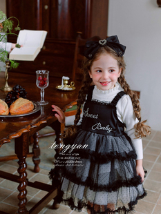 女童黑色连衣裙秋款礼服洋气，秋天儿童公主裙毛衣，加吊带裙二件套裙