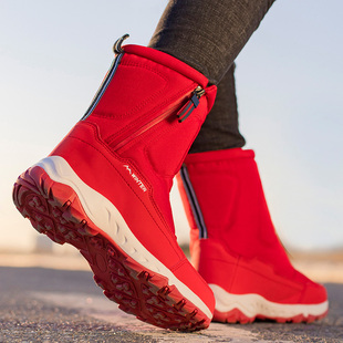 东北哈尔滨雪地靴女士红色，冬季抗寒高帮加绒加厚棉鞋，短靴防水防滑