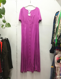 出口欧美外贸原单女夏紫色(夏紫色)复古飞飞袖衬衣裙，连衣长裙大码拖地飘逸