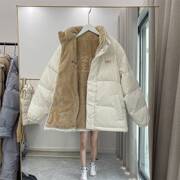 2023年冬季韩国加厚两面穿羽绒服，男女情侣短款宽松羊羔，毛外套(毛外套)