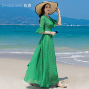绿色雪纺连衣裙女夏长款2023年长裙到脚踝V领海边度假沙滩裙