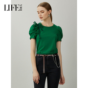 莱芙艾迪儿夏季绿色短袖上衣小众设计感女装拼接T恤品牌女装