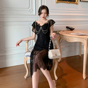 黑色蕾丝一字肩连衣裙夏季性感，赫本风复古小众洋装小礼服平时可穿