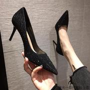 黑色高跟鞋女细跟尖头水钻性感单鞋水晶法式名媛高端气质宴会女鞋