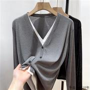 灰色V领假两件长袖T恤开衫女春款2024宽松打底衫设计感上衣
